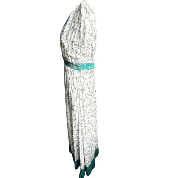 Boho Maxi Dress White Floral Print Sleeveless V-Neck Lined with Pockets Size L - Picture 3 of 15